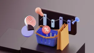 3D εικονογράφηση με καλάθι αγορών, ποσοστό έκπτωσης, ετικέτες, γράφημα και ντουντούκα, που συμβολίζει την εμπορική στρατηγική, την καινοτομία και την ανάλυση δεδομένων.